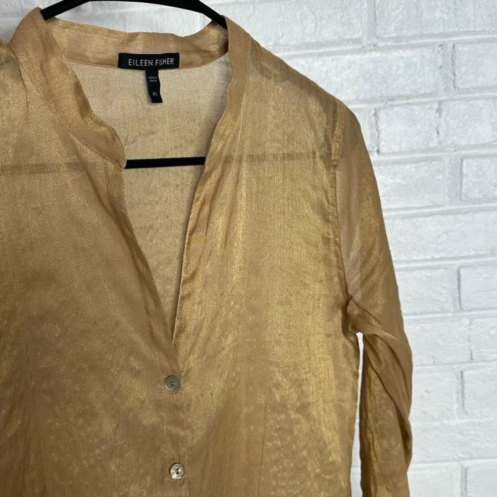 Eileen Fisher Metallic Shimmery Gold Tunic Top Button Front size XS - Picture 5 of 5
